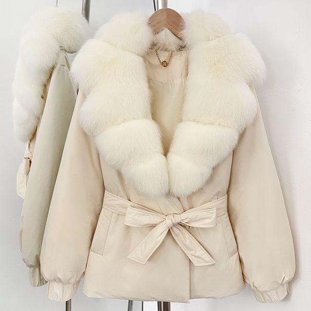 Piumino da donna con collo in pelliccia di volpe di alta qualità – Cappotto invernale di media lunghezza e vestibilità ampia (cachi, nero, bianco sporco, marrone, dalla S alla XXL)_voghion.com