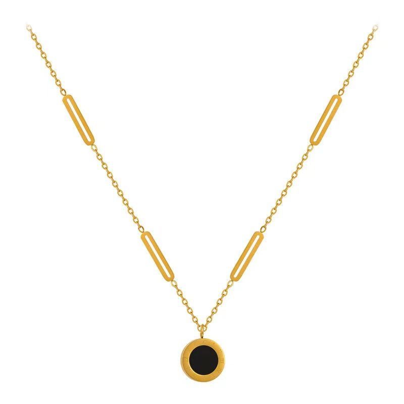 Collar con colgante de disco blanco y negro de Número romano de acero y titanio clásico, joyería coreana, cadena de clavícula para mujer_voghion.com