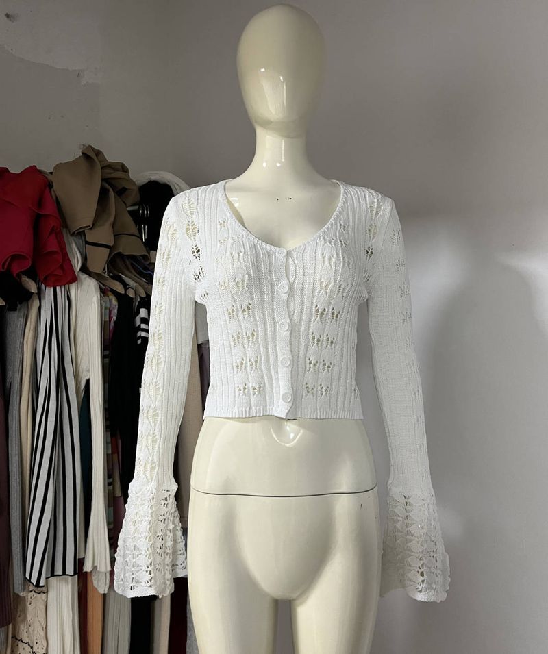 Cardigan en dentelle à manches longues et col en V pour femme, haut court et court - Pull ample style bohème chic ouvert sur le devant - Blanc, jaune, rose, café, bleu et bordeaux_voghion.com