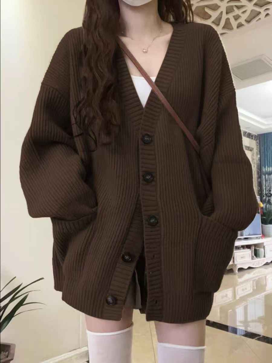 Cardigan oversize in maglia con scollo a V da donna – Maglione casual boho chic aperto sul davanti per primavera/autunno/inverno (cachi, beige, grigio, verde, nero, marrone)_voghion.com