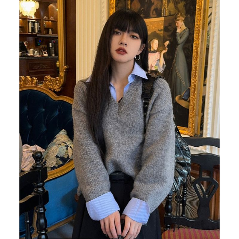Maglione pullover con scollo a V largo, due pezzi, colletto a camicia, per donna, autunno e inverno, top lavorato a maglia in stile pigro_voghion.com