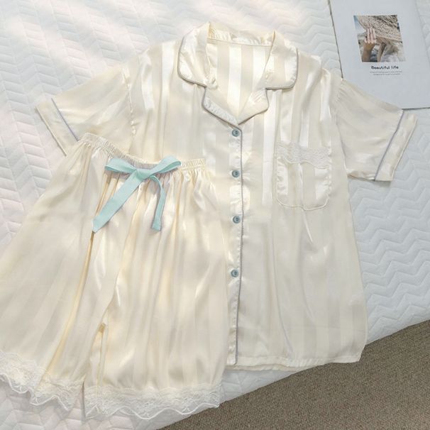 New Striped Short-sleeved Shorts Ice Silk Pajamas Women's Summer Loungewear Set_voghion.com