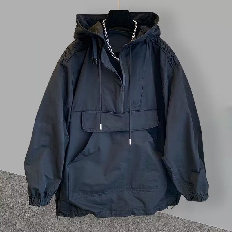 Giacca con cappuccio patchwork ispirata all'utilità - Protezione solare foderata in velluto per uomo | Pile nero e bianco | M-3XL_voghion.com