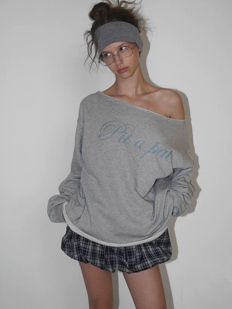 Autumn Winter Lazy Style Letter Print Loose Sweatshirt Women's Boat Neck Off-Shoulder Top_voghion.com