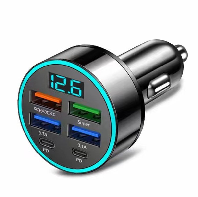 Chargeur de voiture rapide PD 66 W avec affichage numérique - 4 ports USB et adaptateur allume-cigare pour téléphones/tablettes_voghion.com