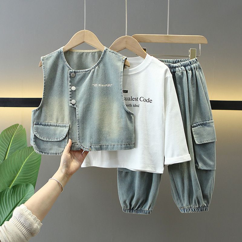 Kinderkleding Jongens Lente Pak Nieuwe Stijl Kinderen Knap En Modieus Denim Vest Driedelig Pak Baby Lente En Herfst Kleding_voghion.com