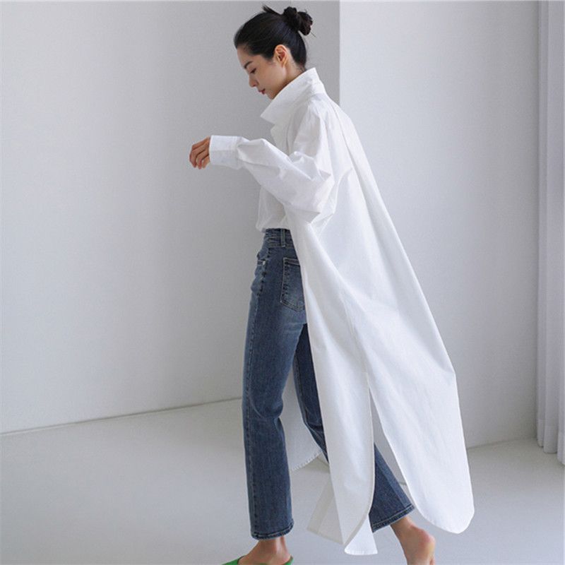 Women's Oversized Shirt Dress With Asymmetrical Slit Long Sleeve Casual Button Down Tunic Top, Lightweight Linen Blend Open Front Cover Up_voghion.com