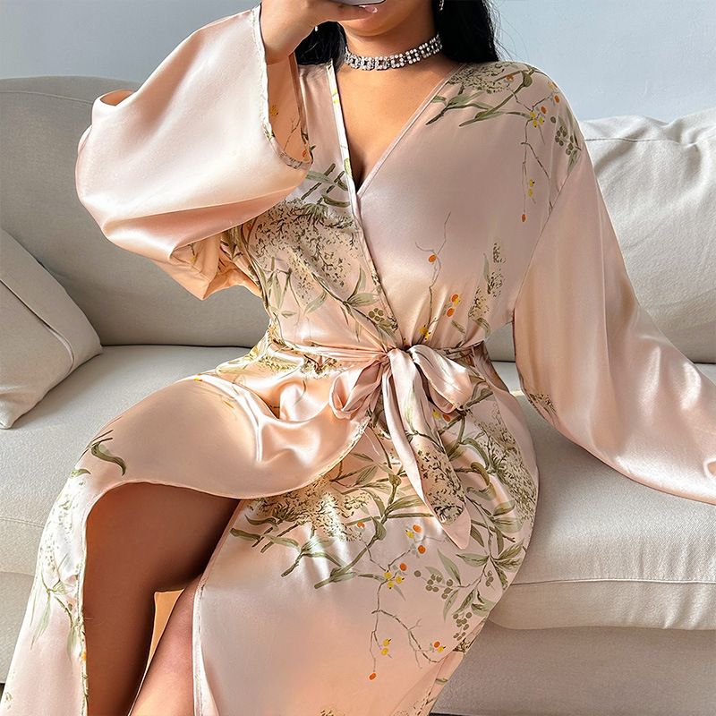 Spring And Summer Plus Size Bathrobe For Women, Sexy Printed Nightgown, Ice Silk Homewear_voghion.com