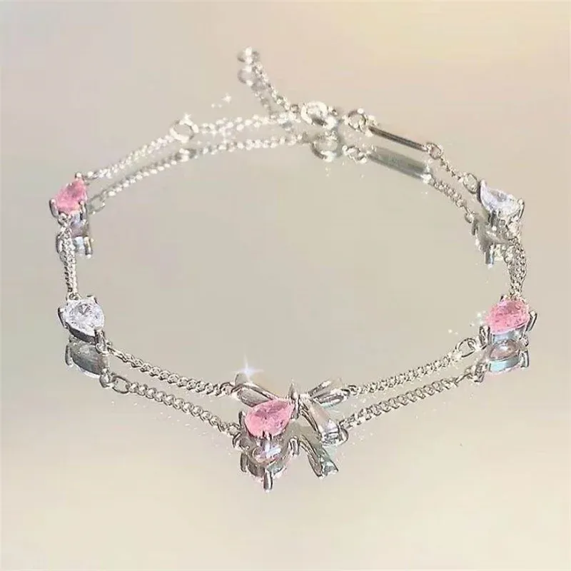 Shiny Pink Crystal Cherry Blossom Bracelets For Women Girls Sweet Moon Bow Flowers Zircon Bracelet Party Aesthetic Egirl Jewelry_voghion.com