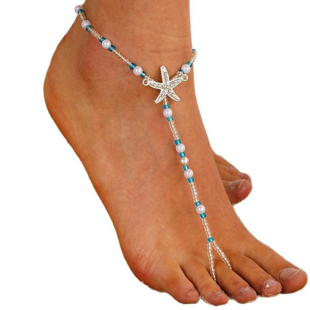 Cavigliera da spiaggia con stelle marine scintillanti, gioiello per piedi con perline blu e bianche, elastico per dita intere_voghion.com