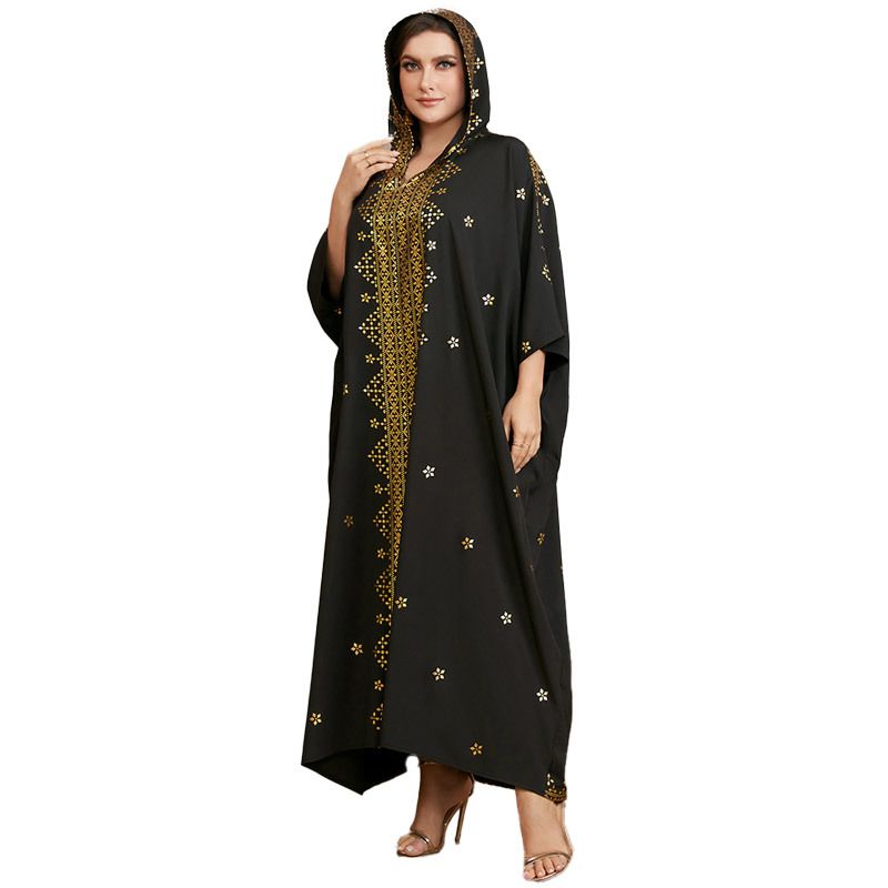 Muslimische Robe für Damen mit V-Ausschnitt, Kapuze und vierseitigem, elastischem Heißprägekleid_voghion.com