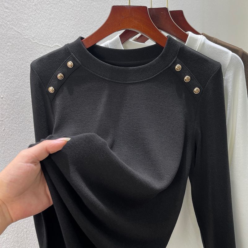 Damenbekleidung Button-Design Kaschmir-Bodenhemd Damen Rundhals Frühlingskleidung Neue Damen Slim Fit T-Shirt Damen Frühlingsoberteil_voghion.com