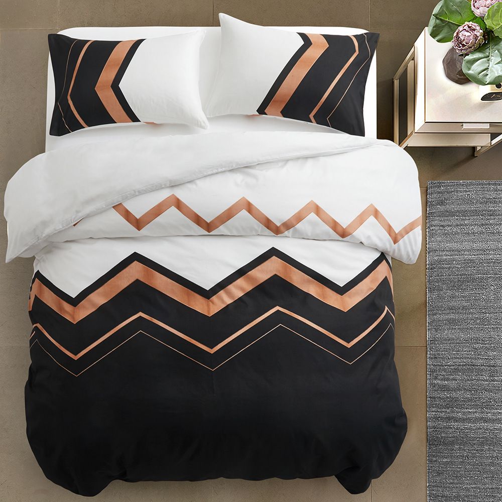 Set copripiumino reversibile con motivo geometrico a onde - Biancheria da letto in bianco e nero, 3 pezzi (piumino + 2 federe), microfibra spazzolata, adatto a materassi US/AU/EU/DE_voghion.com