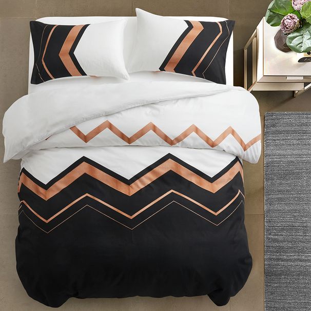 Set copripiumino reversibile con motivo geometrico a onde - Biancheria da letto in bianco e nero, 3 pezzi (piumino + 2 federe), microfibra spazzolata, adatto a materassi US/AU/EU/DE_voghion.com