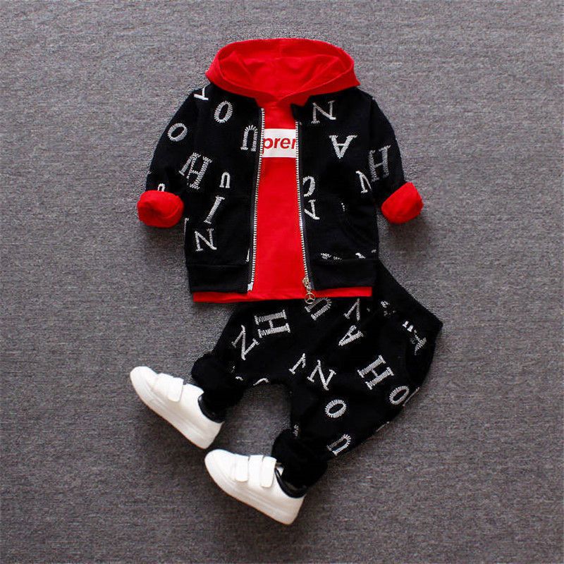 Kid's Clothing New Boys' Zipper Three Piece Suit For Little Kids And Babies With Full Printed Letters, Hooded Long Sleeved Sweatshirt Suit_voghion.com