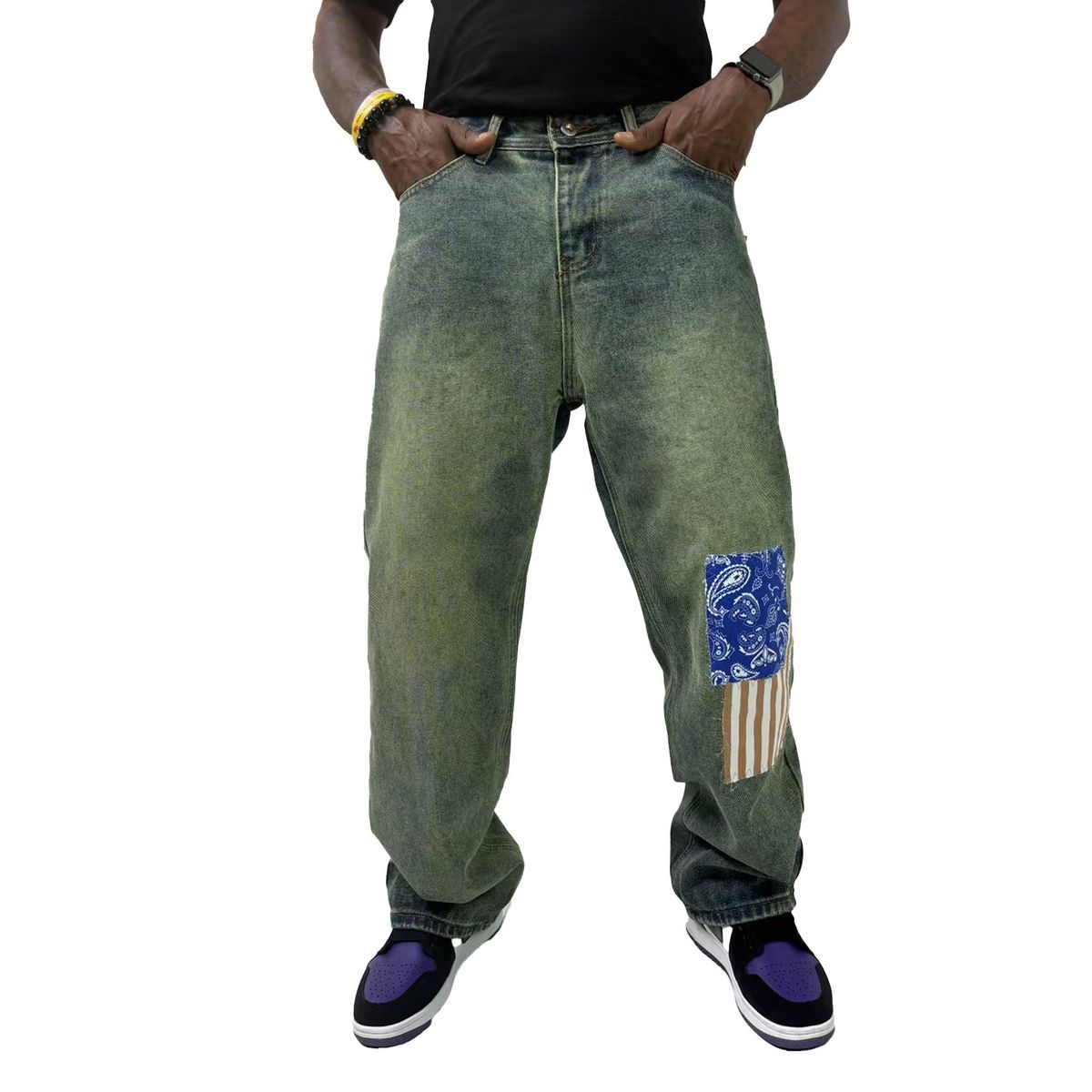 Neue trendige Jeans mit Block-Fashion-Patch für Herbst und Winter für Herren, lockere Hose mit weitem Bein im rustikalen Stil, Retro-Jeans mit verwaschenem geradem Bein_voghion.com