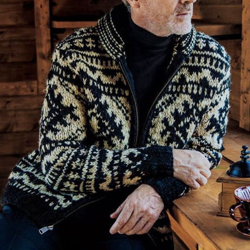 Herren Herbst Winter Herren Jacquard gestrickt mit Reverskragen und langärmeligem Jackenpullover SY0020_voghion.com