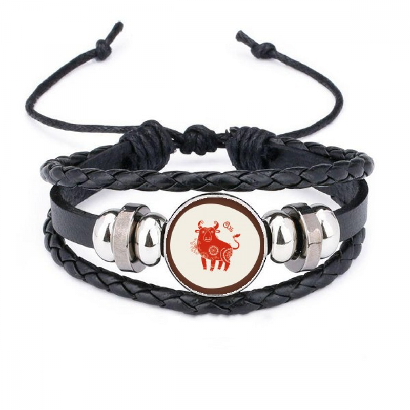 year Of Ox Animal China Zodiac Red Bracelet Braided Leather Woven Wristband_voghion.com