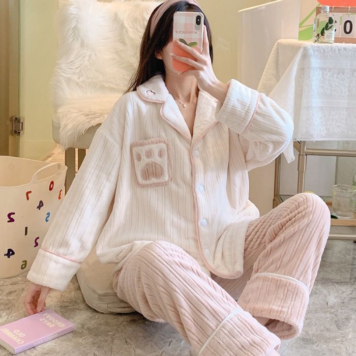 Pigiama da donna in flanella calda e spessa, primavera, autunno e inverno, set da due pezzi_voghion.com