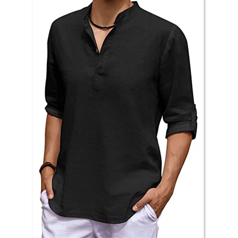 T-shirt en lin à manches longues et col en V pour homme, couleur unie, surdimensionné, décontracté, en coton, grande taille, pour le yoga_voghion.com