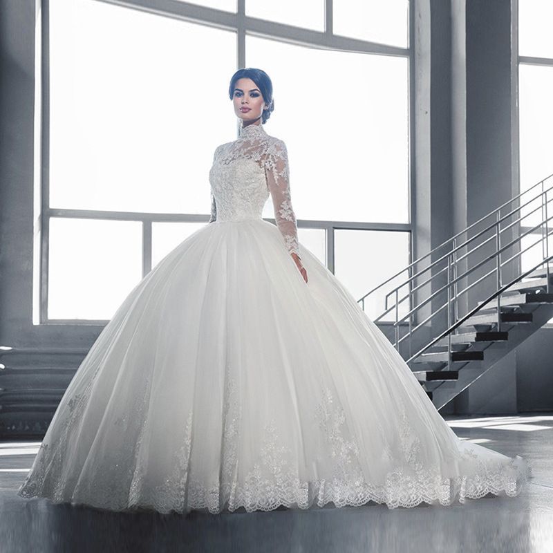 Abito da sposa in pizzo per donna, nuova sposa, abito da sposa bianco atmosferico con maniche lunghe e coda di alta qualità_voghion.com