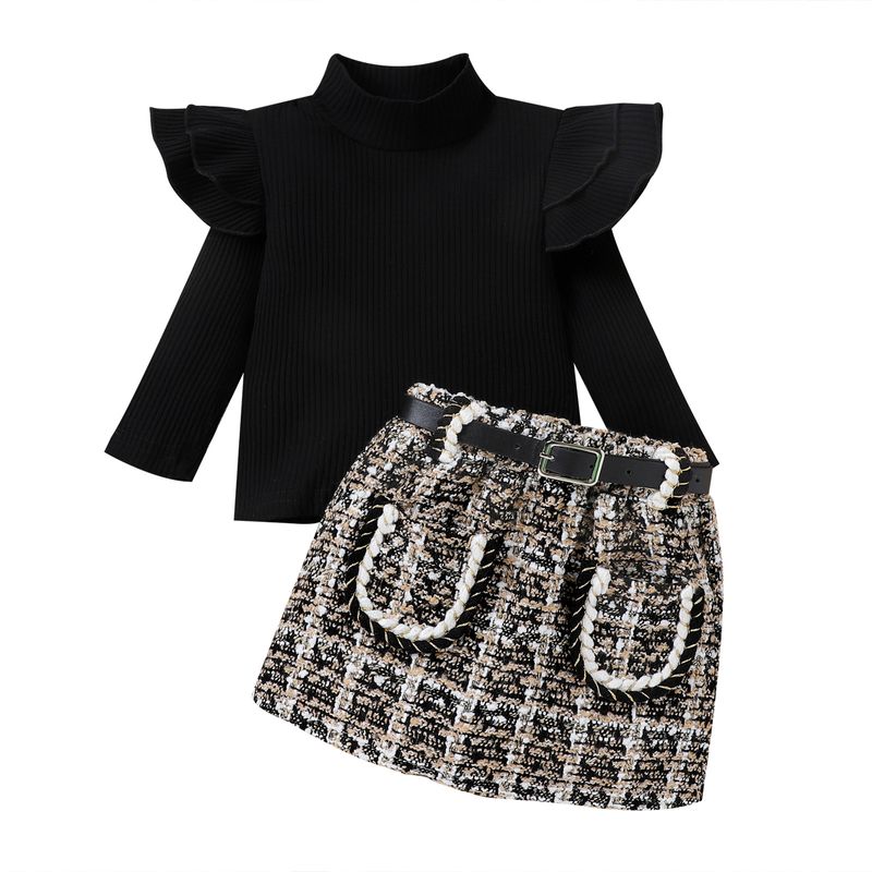 Children's clothing small fragrance wind girls autumn and winter mid-collar long sleeve woven tweed skirt belt fashion style children's suit_voghion.com