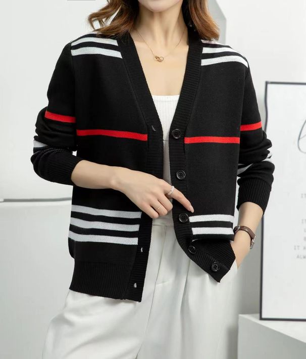 Women's Clothing retro contrast color striped knitted cardigan fashionable and versatile temperament casual long sleeves_voghion.com