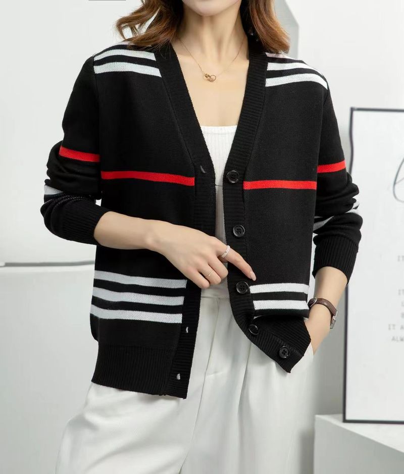 Abbigliamento da donna retrò cardigan lavorato a maglia a righe con colori a contrasto, alla moda e versatile, temperamento casual, maniche lunghe_voghion.com