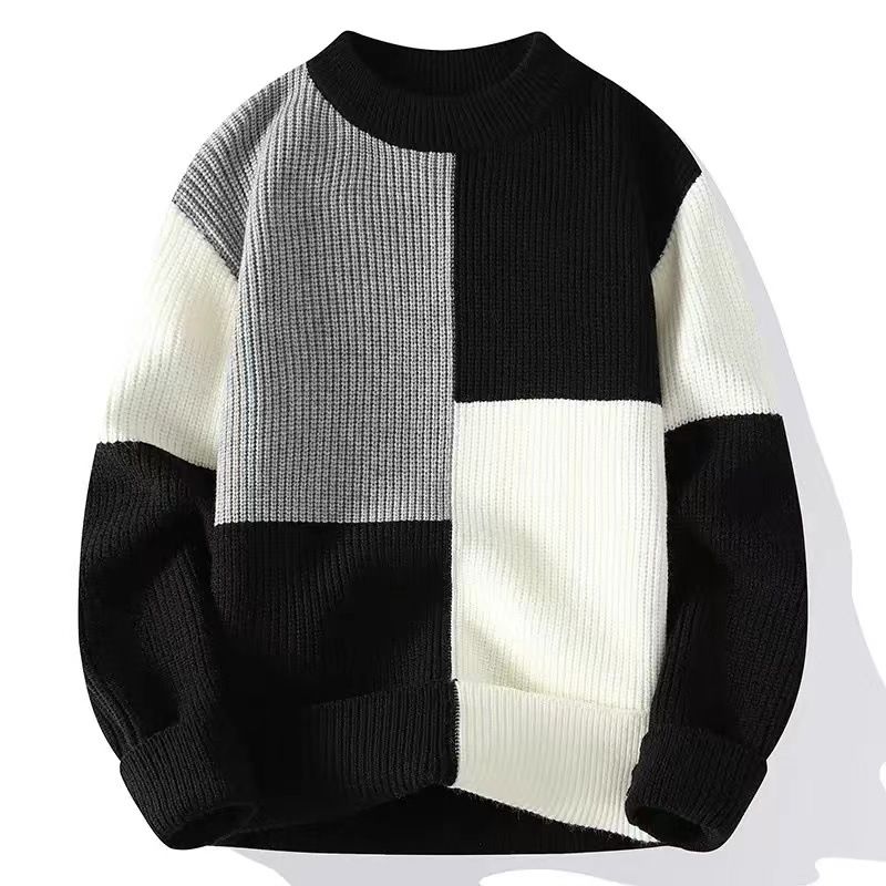 Inverno 2024 Novo Suéter Masculino de Base de Caxemira de Malha com Blocos de Cor Outono/Inverno Engrossado_voghion.com
