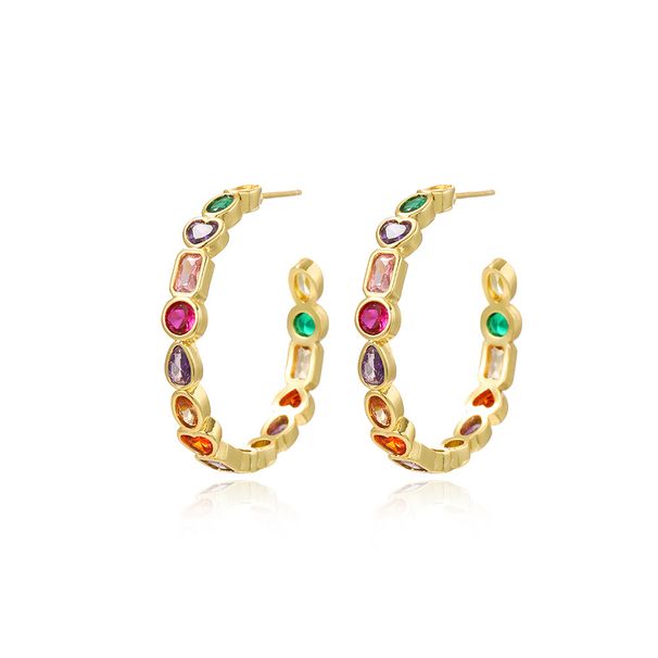 Orecchini a cerchio a forma di C con motivo geometrico da donna e pietre di zircone colorate, orecchini alla moda placcati in oro 18 carati per donna_voghion.com