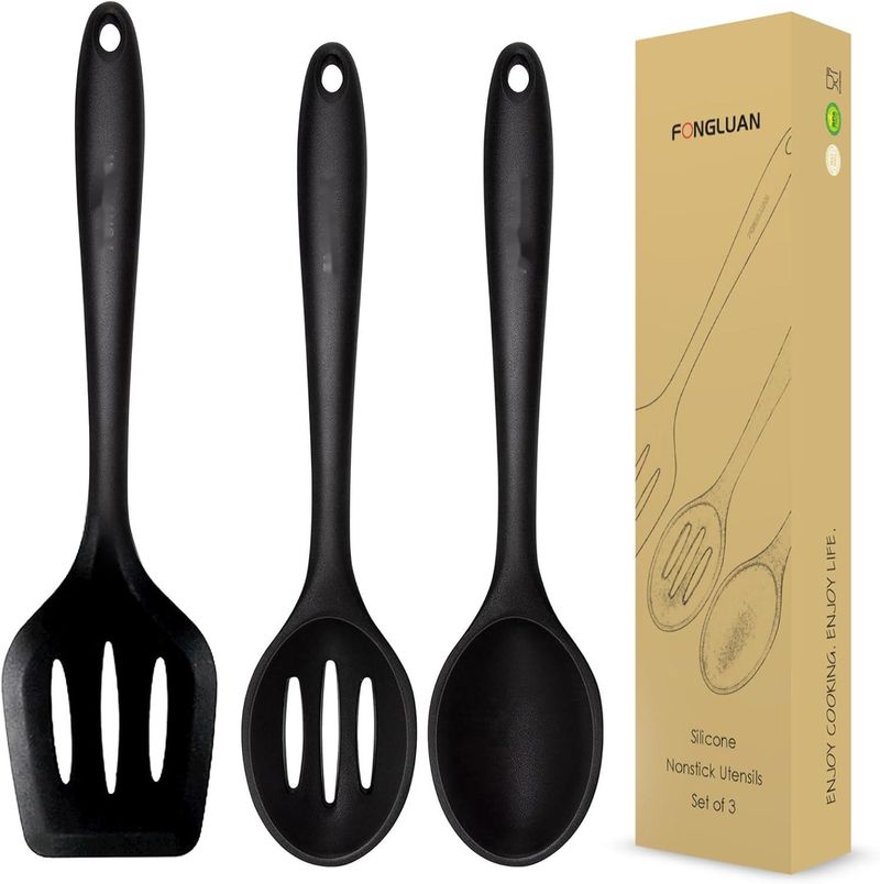 Utensils, 3-Piece Black, Silicone Cookware Set, Spatula/Spatula And Spoon - Heat Resistant, Non-Stick Cookware,_voghion.com