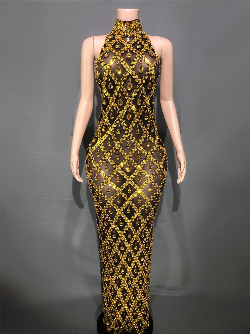 Falda larga sexy de encaje para mujer con vestido de noche de banquete con cola Vestido brillante con diamantes de imitación Vestido de noche de talla grande para mujer Falda larga Sin mangas Sexy_voghion.com