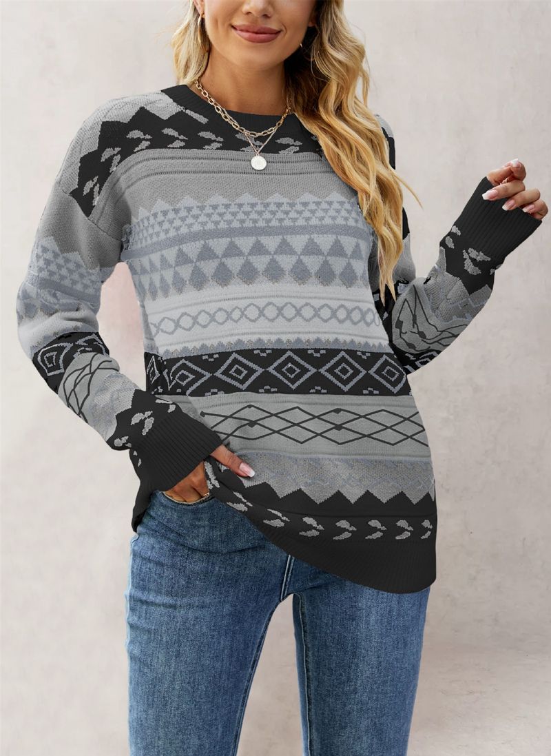 Women's Pattern Rhombus Jacquard Multi-color Splicing Knitted Sweater Pullover Retro Sweater_voghion.com