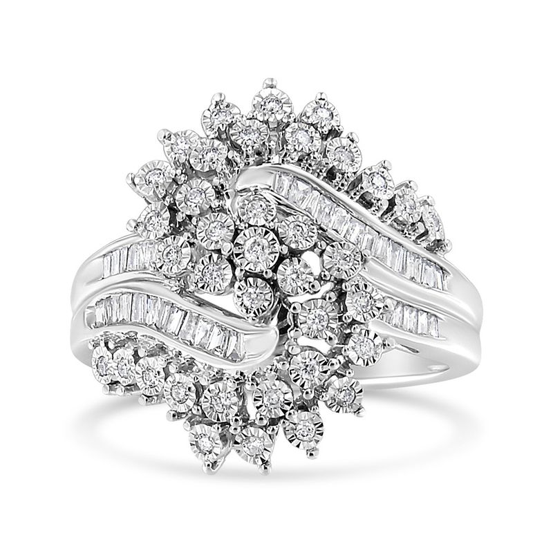 10K White Gold 1/2 Cttw Round and Baguette-Cut "S" Shaped Bypass Cocktail Ring (I-J Color, I1-I2 Clarity)_voghion.com