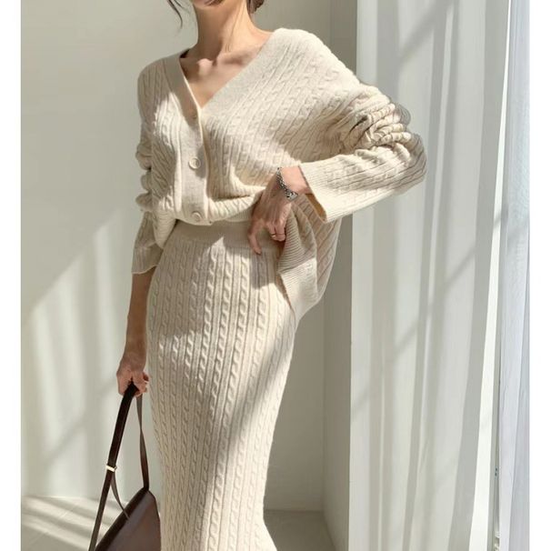 Vêtements pour femmes élégant pull cardigan tricoté à col en V en lin + jupe fourreau taille haute_voghion.com