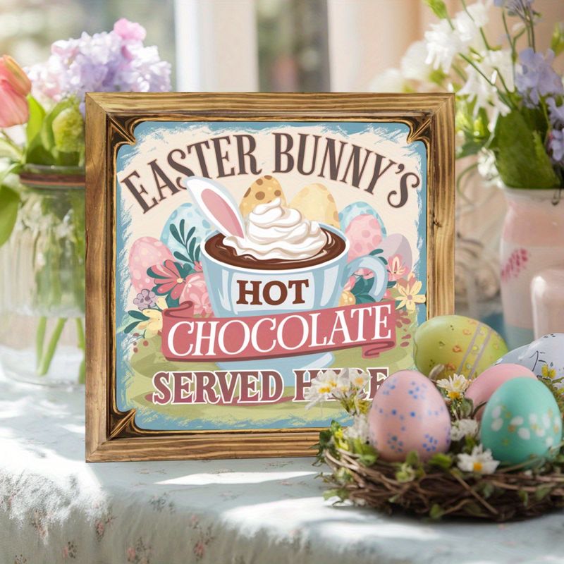 Rustic Easter Bunny Hot Chocolate Sign - 8x8" Farmhouse Wall Art. Perfect For Kitchen, Bedroom Or As A Charming Housewarming Gift._voghion.com