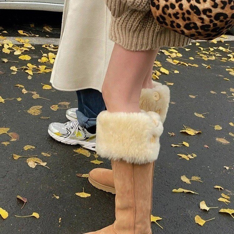 P92023 Autumn Winter New Korean Style Mid-calf Warm Snow Boots With Veet And Thickened Buttons, Versatile Plush Women's_voghion.com