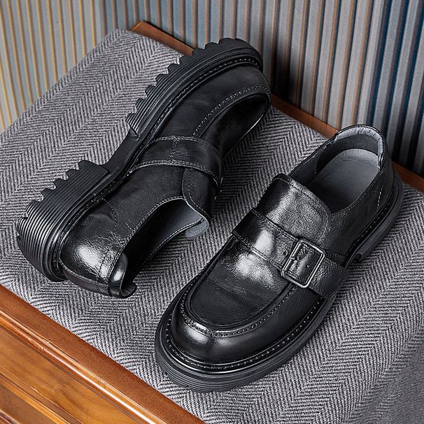 Neue Loafer mit Schnalle und runder Spitze für Herren, aus echtem Leder und dickem britischen Business-Leder_voghion.com