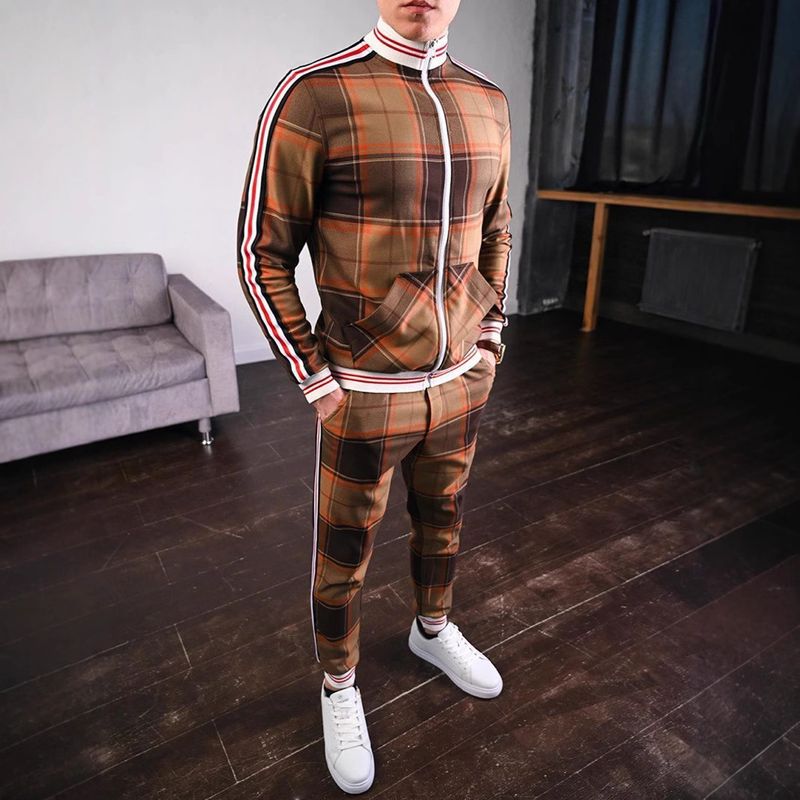 Herrenbekleidung Herrenanzug Herbst Lässiger gestreifter karierter Anzug Modejacke Schlanke Hose Zweiteiliger Anzug_voghion.com