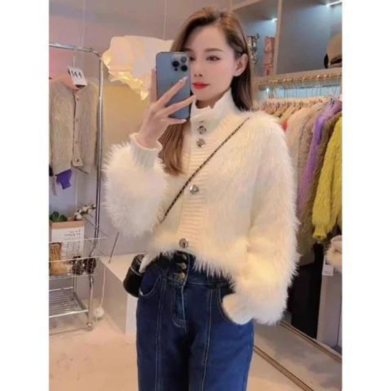 New mink inspired high neck sweater cardigan with a small fragrance high-end temperament, loose furry knitted jacket for_voghion.com