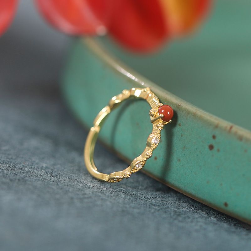 Simple Design Ring Set - Round Yin Nan Red Agate (Persimmon Hue) With Zircon Inlay | Vibrant Color Jewelry For Daily Wear_voghion.com