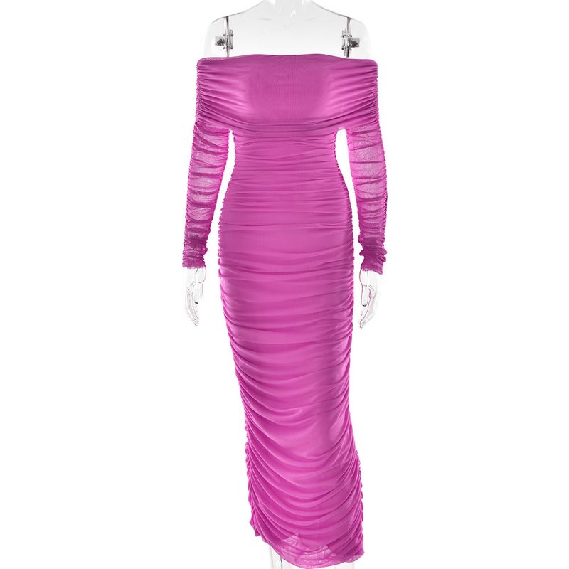 Damenbekleidung Neues Mesh-Kleid mit einer Schulter und Plissee, schlanker, langärmliger, hüftgewickelter langer Rock für Damen_voghion.com