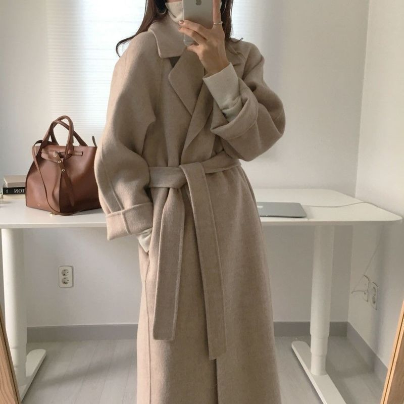 Damen Mid-Länge Wollen Kostüm Halsband locker Krawatt duebelsäiteg Wollen Mantel_voghion.com