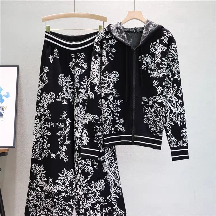 Damenmode-Strickanzug für Damen, Kapuzenpullover, weites Bein, Hose, zweiteiliges Set, trendig_voghion.com