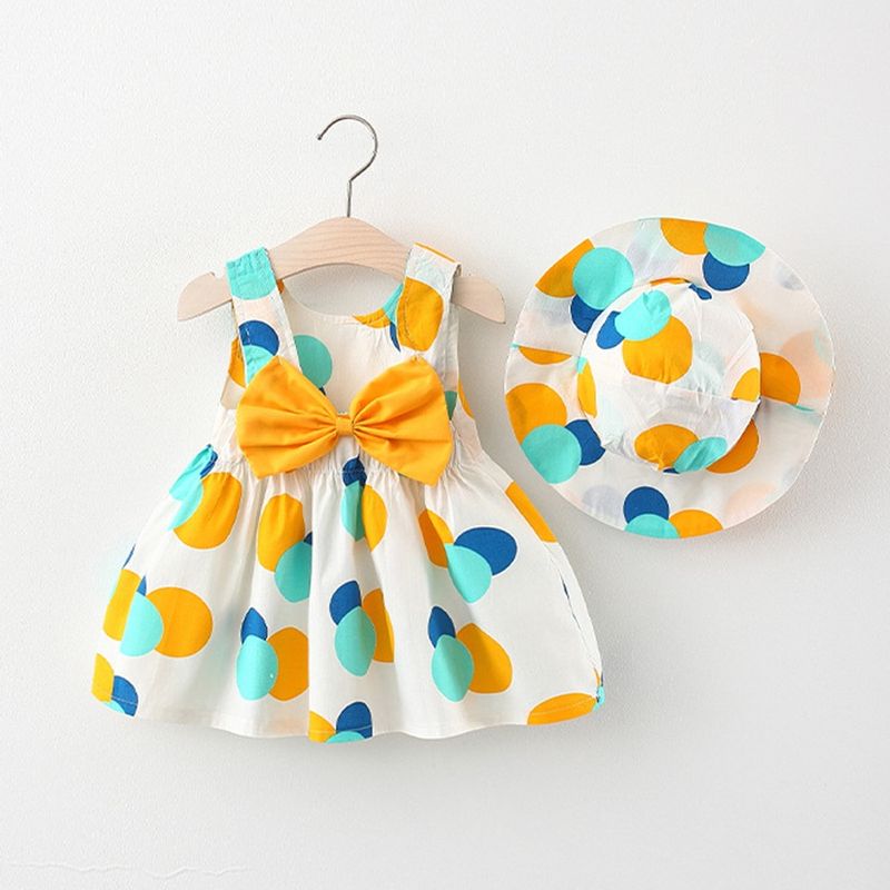 Summer Suspender Dress Lovely Bow Princess Dress Candy Color Collision Baby Girl Dress Back Hollow Out Cotton Printed Skirt Send The Same Hat_voghion.com