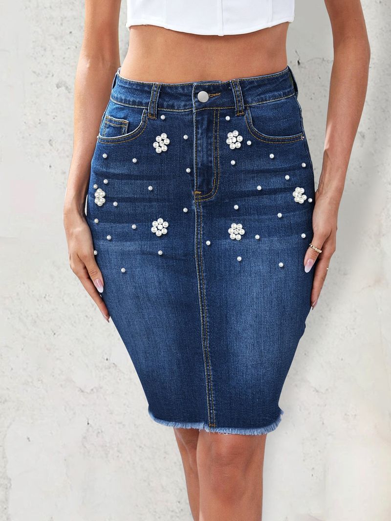 Dameskleding Mode parel bloem ambachtelijke magere denim halve rok meisje_voghion.com