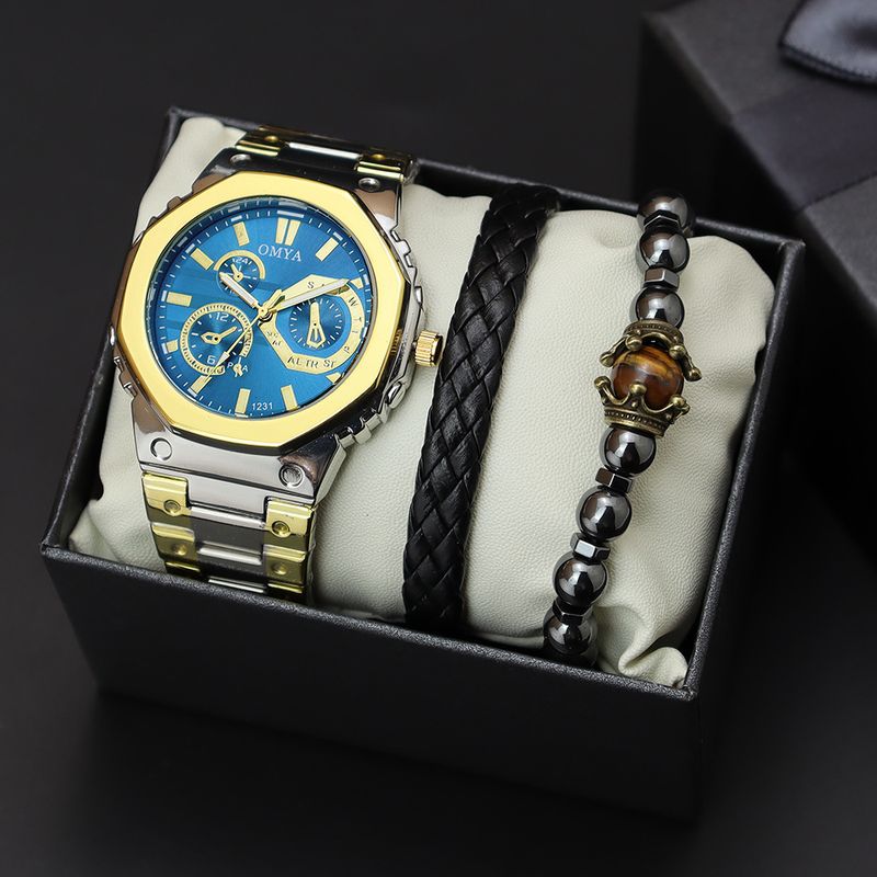 OMYA Men's Waterproof Watch Set 3ATM Stainless Steel Calendar Quartz Gift Box With Bracelet_voghion.com