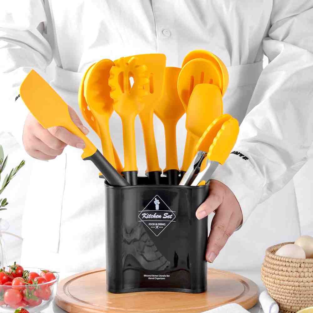 Set da 10 pezzi di utensili da cucina in silicone con giunzioni nere e gialle, kit di contenitori per utensili da cucina_voghion.com