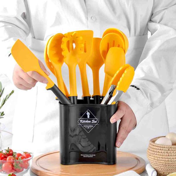 Set da 10 pezzi di utensili da cucina in silicone con giunzioni nere e gialle, kit di contenitori per utensili da cucina_voghion.com