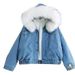 Elegante giacca invernale in denim con cappuccio e fodera in pile per donna - Comodo cappotto corto imbottito con fodera in sherpa (rosa, grigio, bianco)_voghion.com
